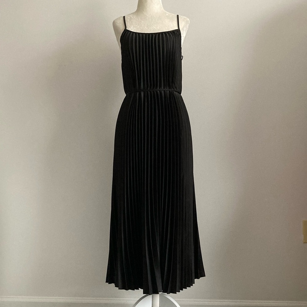 Sam Edelman Black Satin Plisse Pleated Midi Dress - Picture 6 of 13